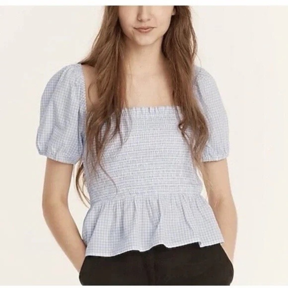 J.Crew Sz M Squareneck Smocked Gingham Top Cotton Puff Sleeve Blouse Cottagecore